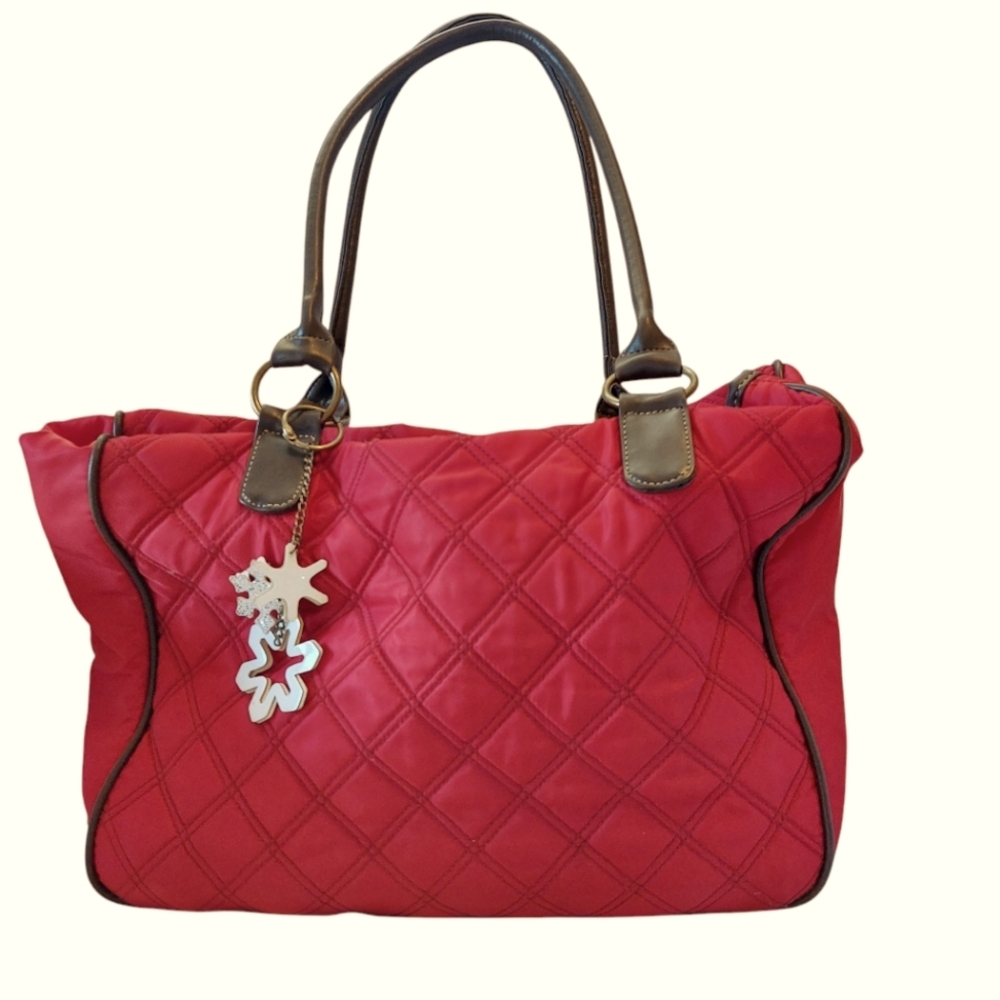 Red Quilted Shoulder Bag with Brown Handles And Snowflake Charm EUC